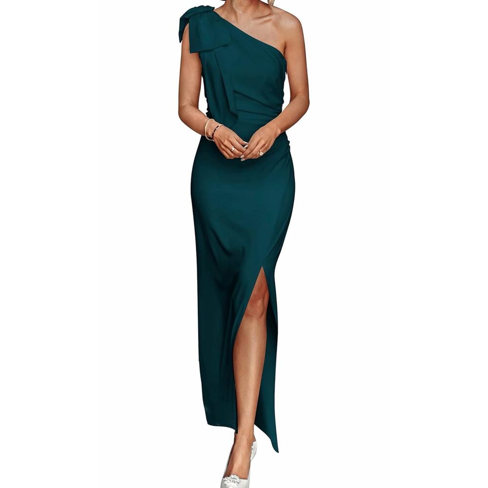 Green One Shoulder Formal Side Slit Dress